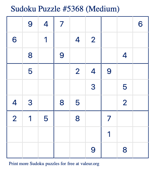 Free Printable Medium Sudoku Puzzle number 5368