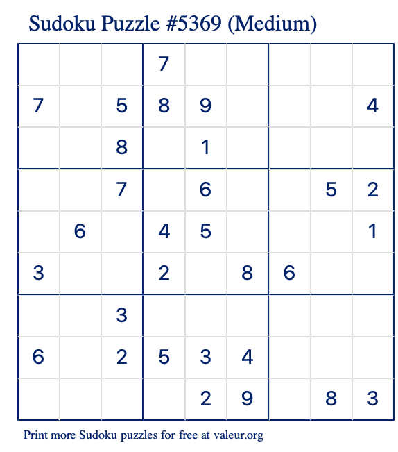 Free Printable Medium Sudoku Puzzle number 5369