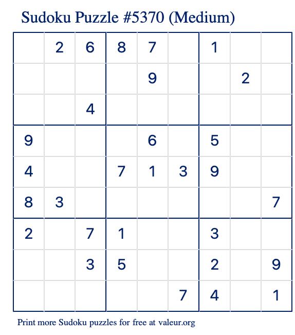 Free Printable Medium Sudoku Puzzle number 5370