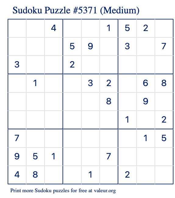 Free Printable Medium Sudoku Puzzle number 5371