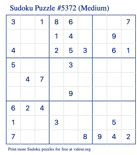 Free Printable Medium Sudoku Puzzle number 5372