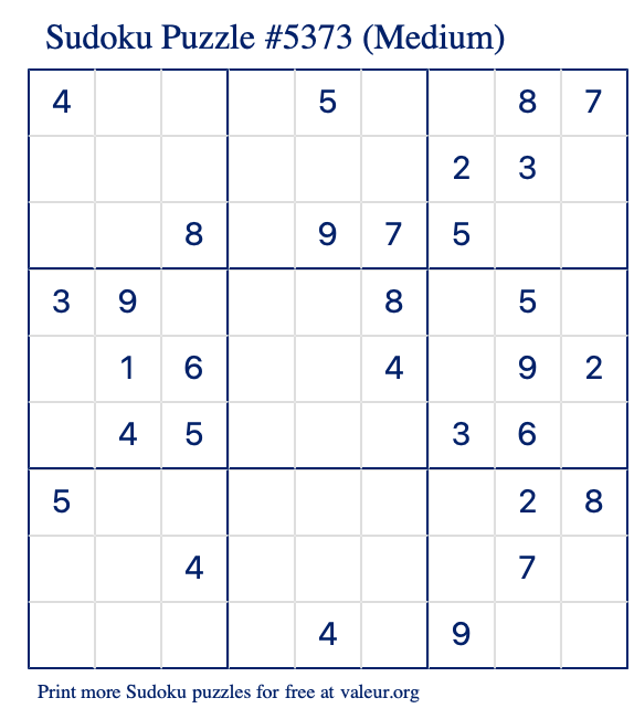 Free Printable Medium Sudoku Puzzle number 5373