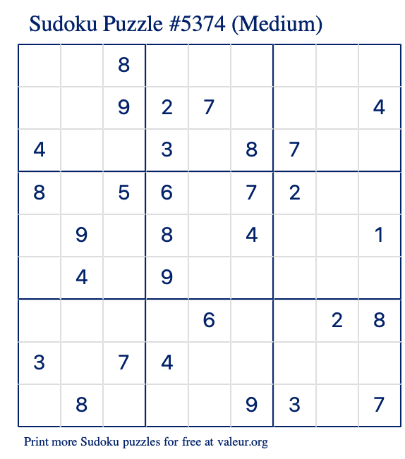 Free Printable Medium Sudoku Puzzle number 5374