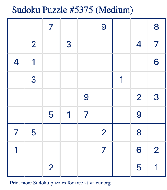 Free Printable Medium Sudoku Puzzle number 5375