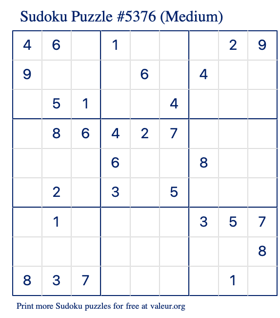 Free Printable Medium Sudoku Puzzle number 5376