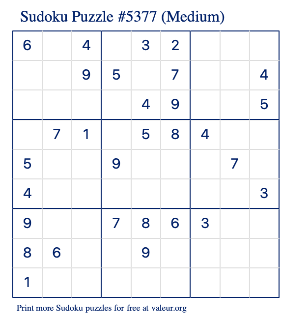 Free Printable Medium Sudoku Puzzle number 5377