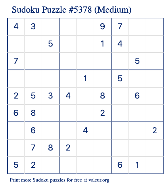 Free Printable Medium Sudoku Puzzle number 5378