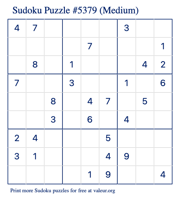 Free Printable Medium Sudoku Puzzle number 5379