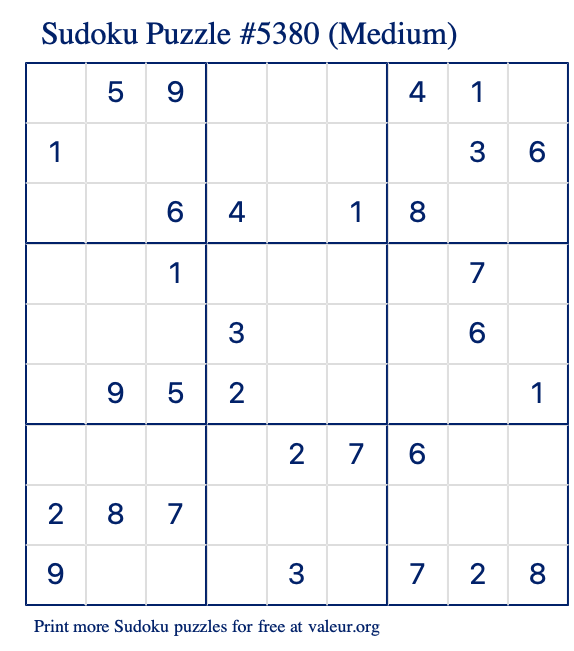 Free Printable Medium Sudoku Puzzle number 5380