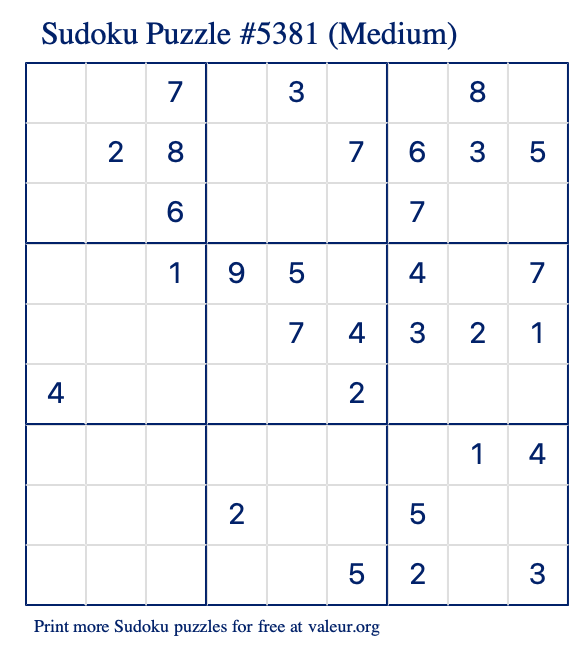 Free Printable Medium Sudoku Puzzle number 5381