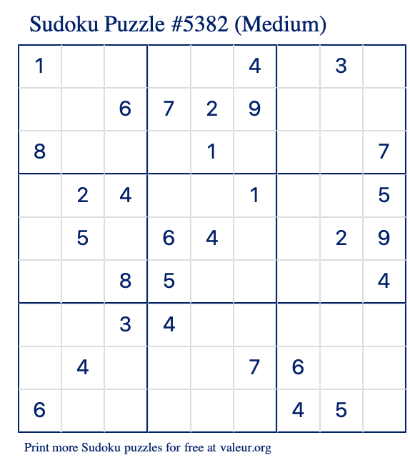 Free Printable Medium Sudoku Puzzle number 5382