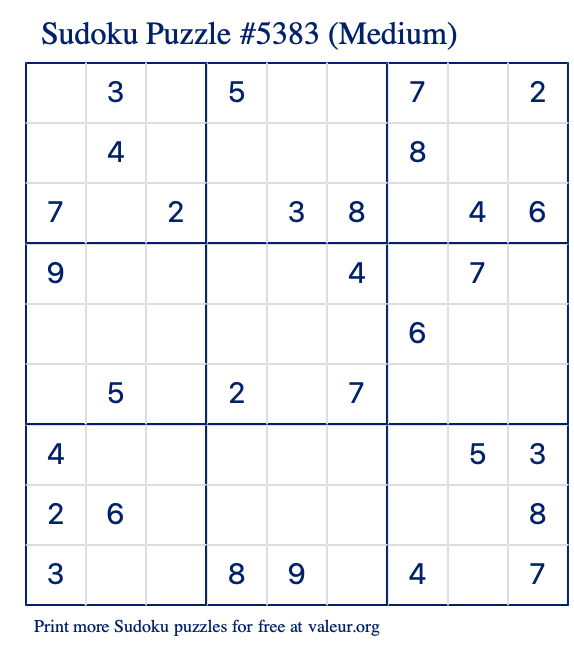 Free Printable Medium Sudoku Puzzle number 5383