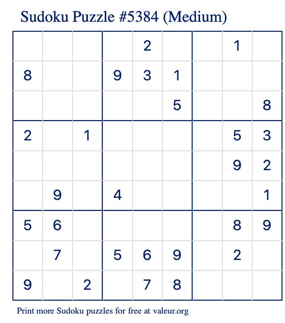 Free Printable Medium Sudoku Puzzle number 5384