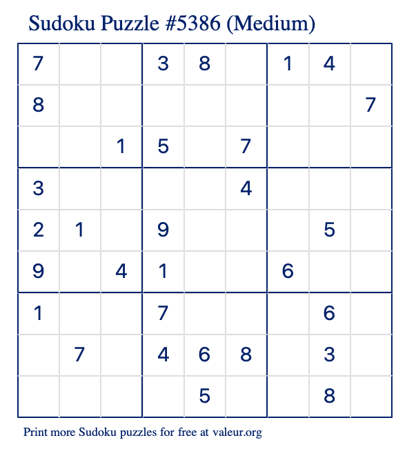 Free Printable Medium Sudoku Puzzle number 5386