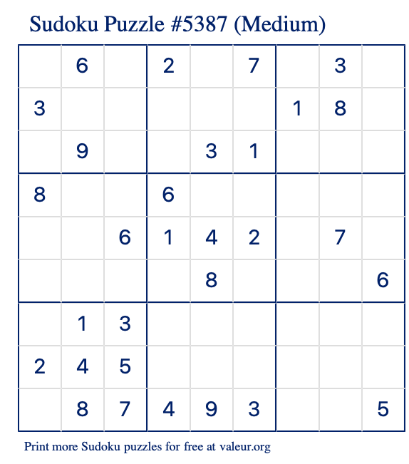 Free Printable Medium Sudoku Puzzle number 5387