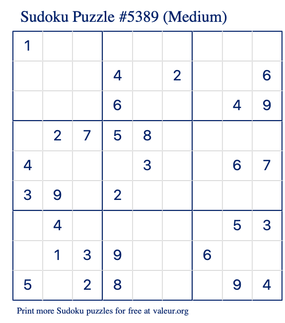 Free Printable Medium Sudoku Puzzle number 5389