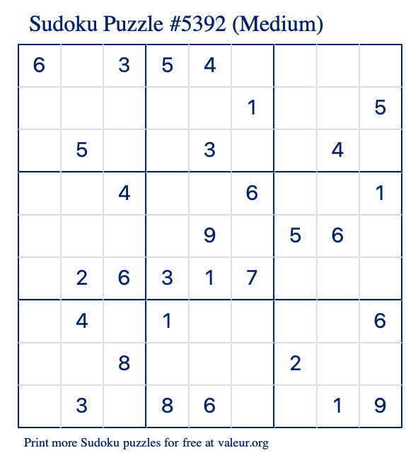 Free Printable Medium Sudoku Puzzle number 5392