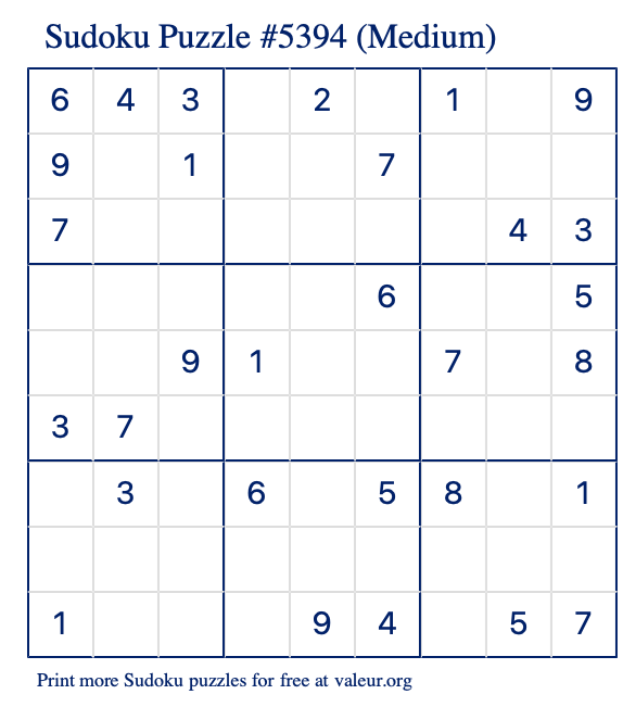 Free Printable Medium Sudoku Puzzle number 5394