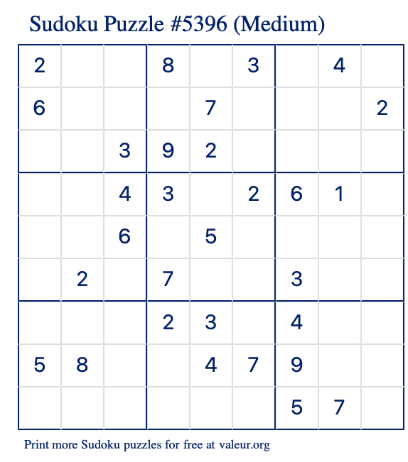 Free Printable Medium Sudoku Puzzle number 5396