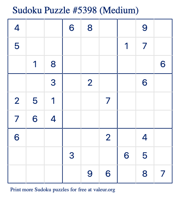 Free Printable Medium Sudoku Puzzle number 5398