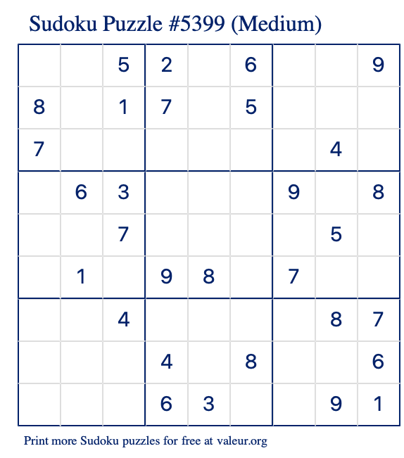 Free Printable Medium Sudoku Puzzle number 5399