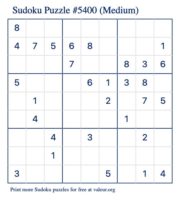 Free Printable Medium Sudoku Puzzle number 5400