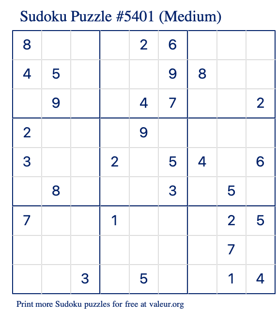 Free Printable Medium Sudoku Puzzle number 5401