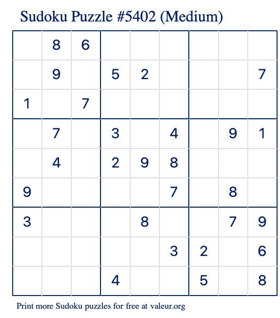 Free Printable Medium Sudoku Puzzle number 5402