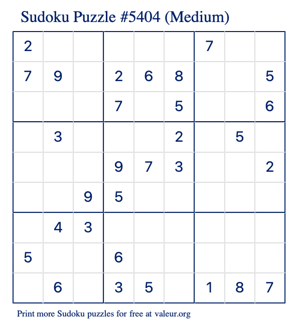 Free Printable Medium Sudoku Puzzle number 5404