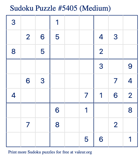 Free Printable Medium Sudoku Puzzle number 5405