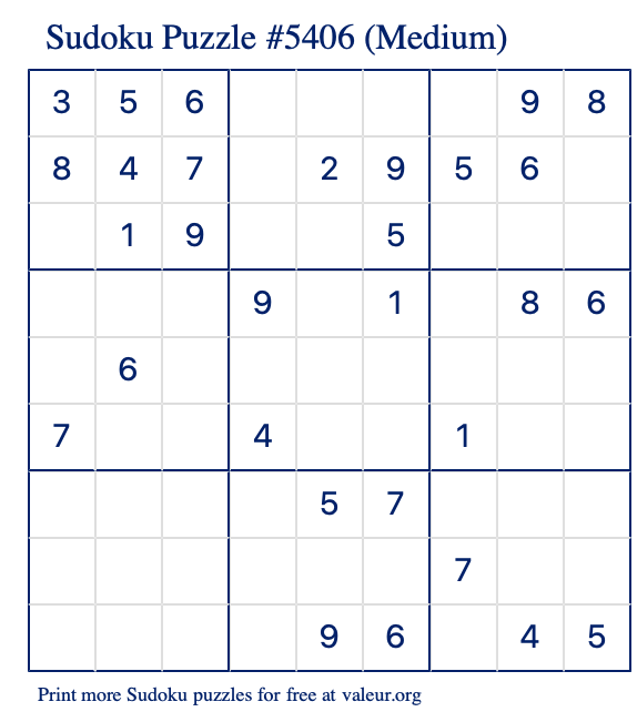 Free Printable Medium Sudoku Puzzle number 5406