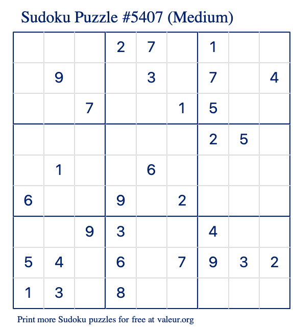 Free Printable Medium Sudoku Puzzle number 5407