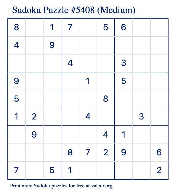 Free Printable Medium Sudoku Puzzle number 5408