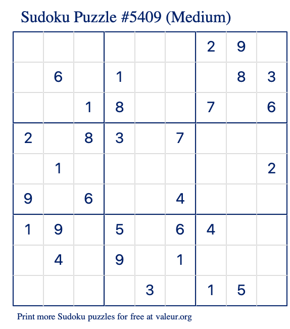 Free Printable Medium Sudoku Puzzle number 5409