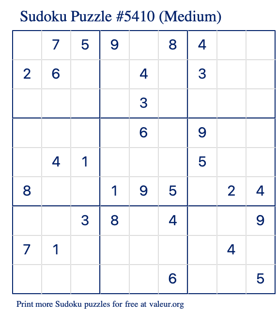 Free Printable Medium Sudoku Puzzle number 5410