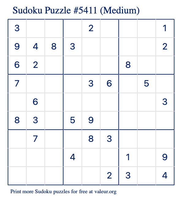 Free Printable Medium Sudoku Puzzle number 5411