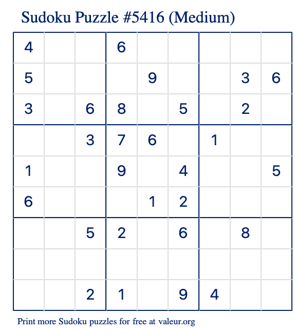 Free Printable Medium Sudoku Puzzle number 5416