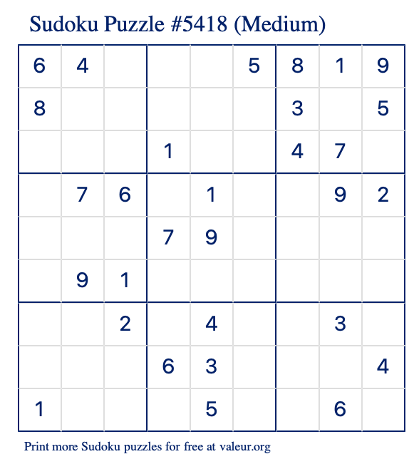 Free Printable Medium Sudoku Puzzle number 5418