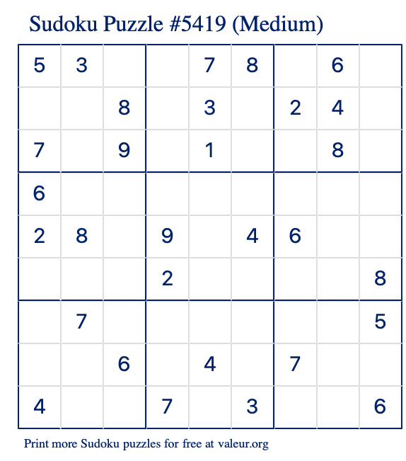 Free Printable Medium Sudoku Puzzle number 5419