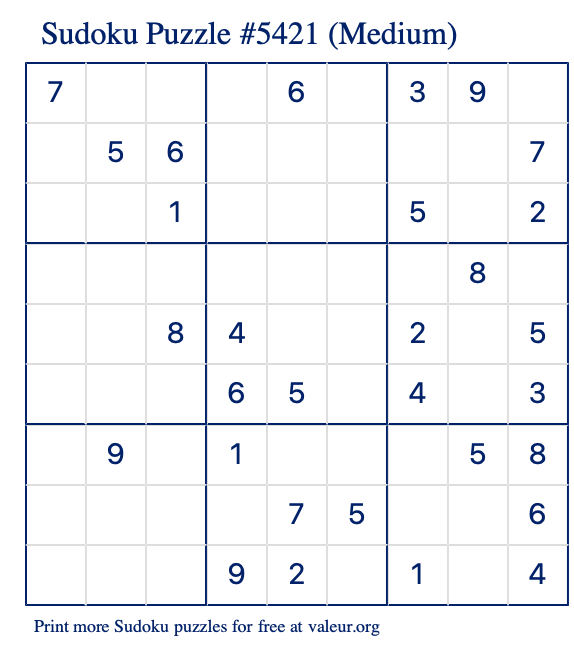 Free Printable Medium Sudoku Puzzle number 5421