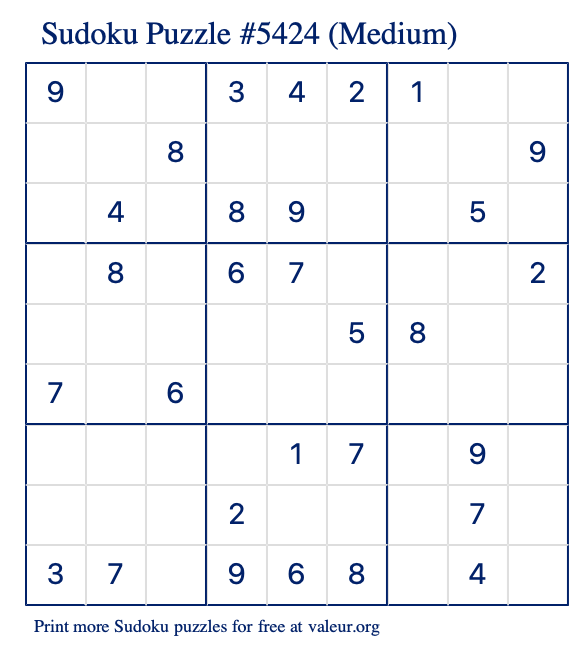 Free Printable Medium Sudoku Puzzle number 5424