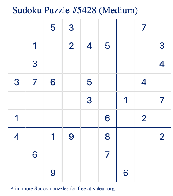 Free Printable Medium Sudoku Puzzle number 5428