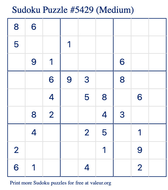 Free Printable Medium Sudoku Puzzle number 5429