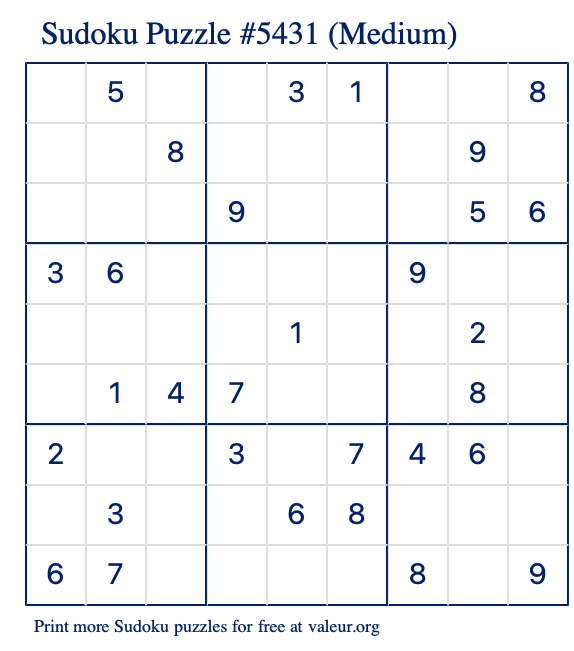 Free Printable Medium Sudoku Puzzle number 5431