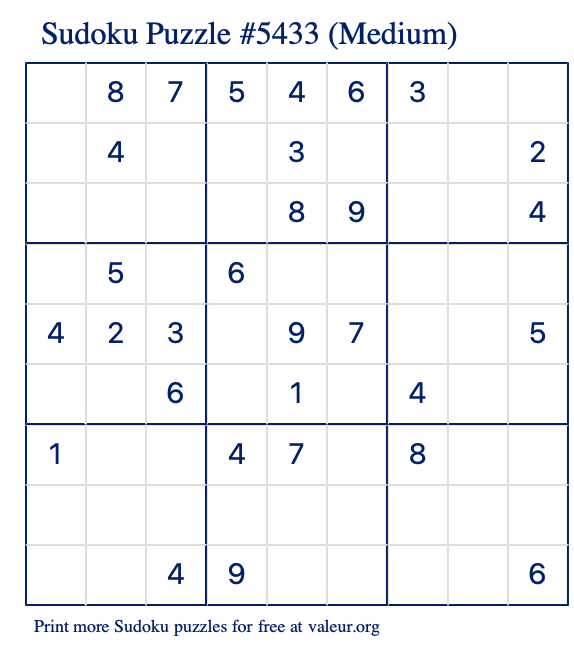 Free Printable Medium Sudoku Puzzle number 5433