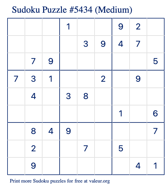 Free Printable Medium Sudoku Puzzle number 5434