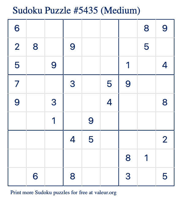 Free Printable Medium Sudoku Puzzle number 5435