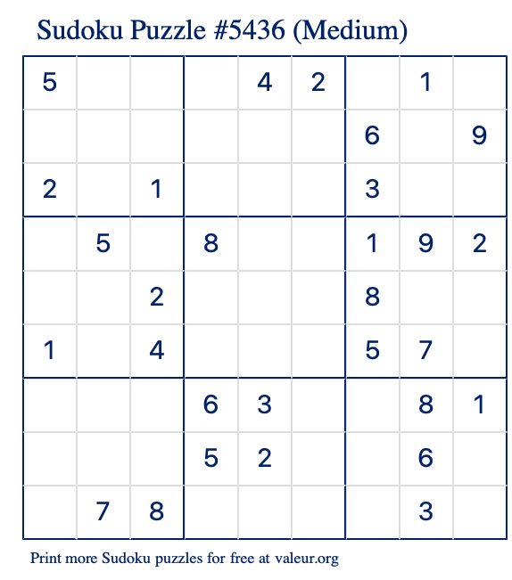 Free Printable Medium Sudoku Puzzle number 5436