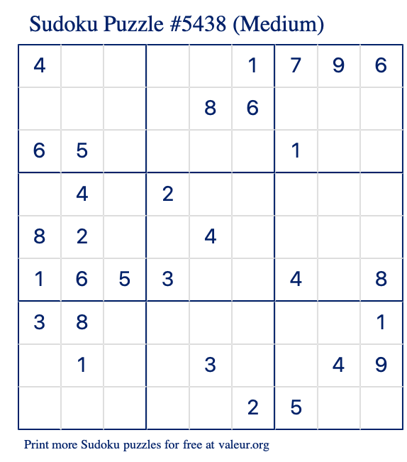 Free Printable Medium Sudoku Puzzle number 5438