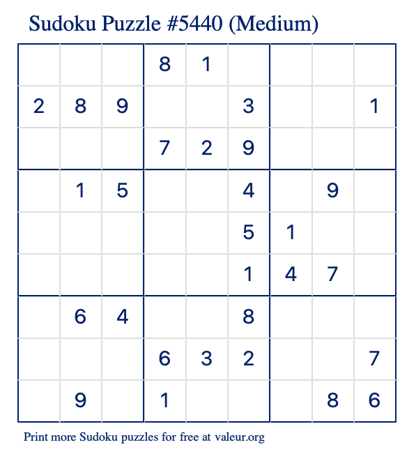 Free Printable Medium Sudoku Puzzle number 5440